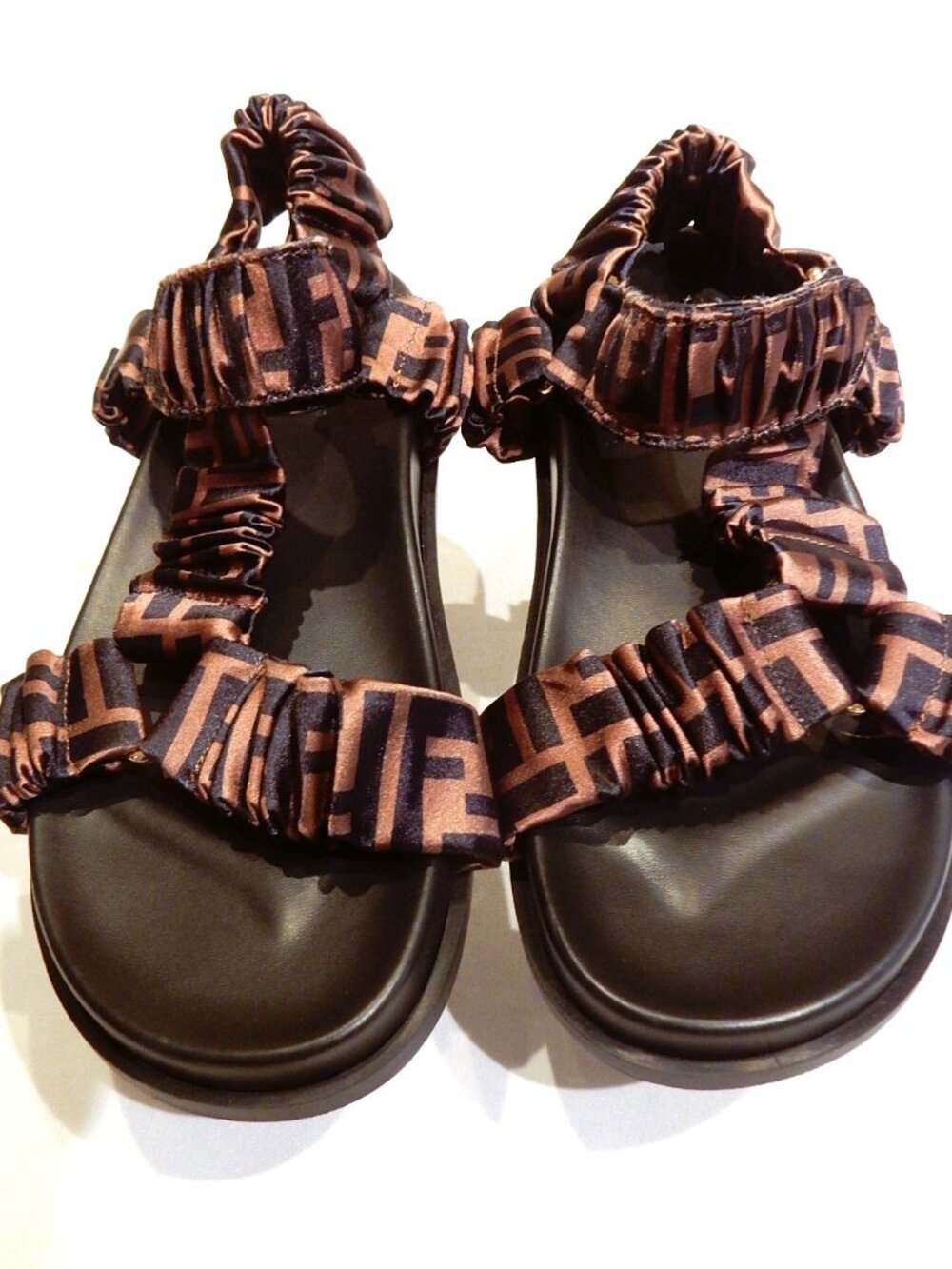Fendi FF Logo Roma Ruched Satin Sandals in Size 11.5